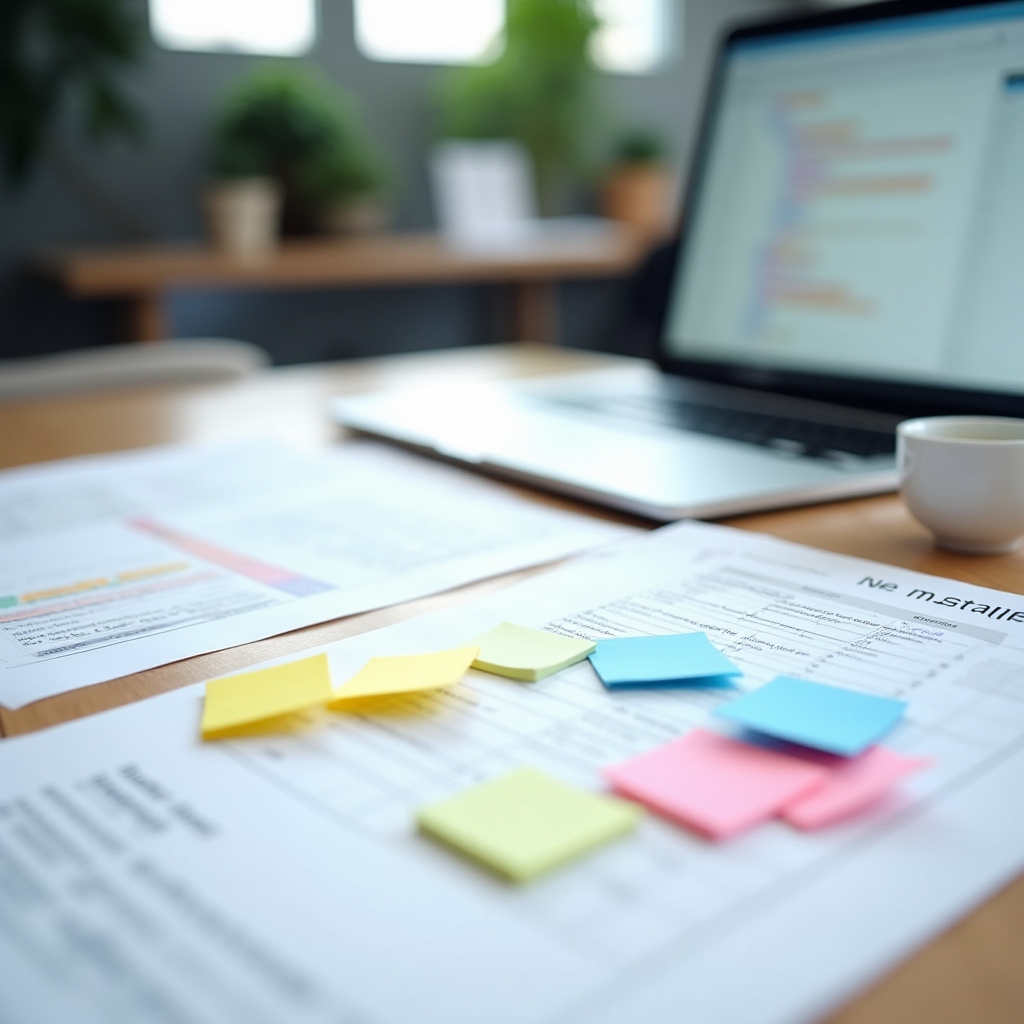 A course developer's desk with printed module outlines, color-coded sticky notes, a laptop, and a cup of coffee in a well-lit workspace