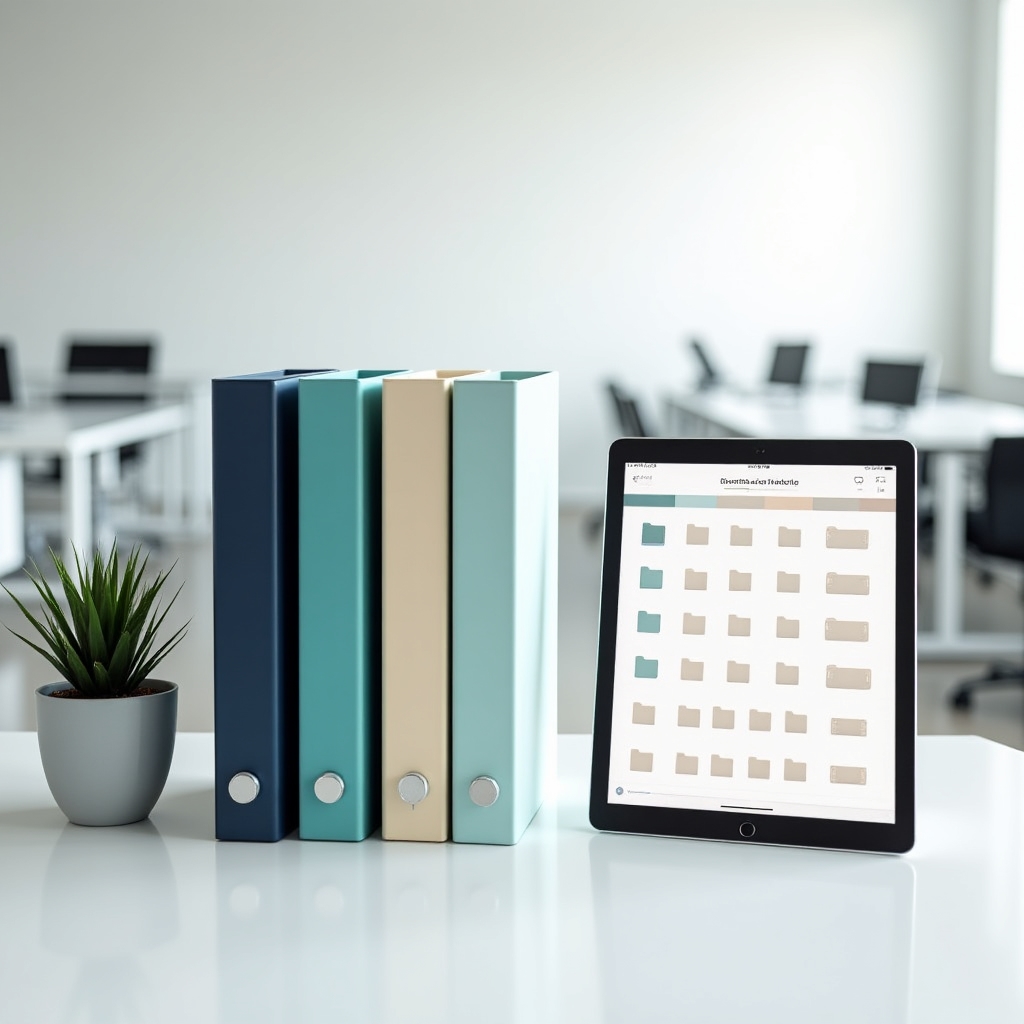 Neatly organized binders and digital folders on a modern desk with a tablet showing a document management interface