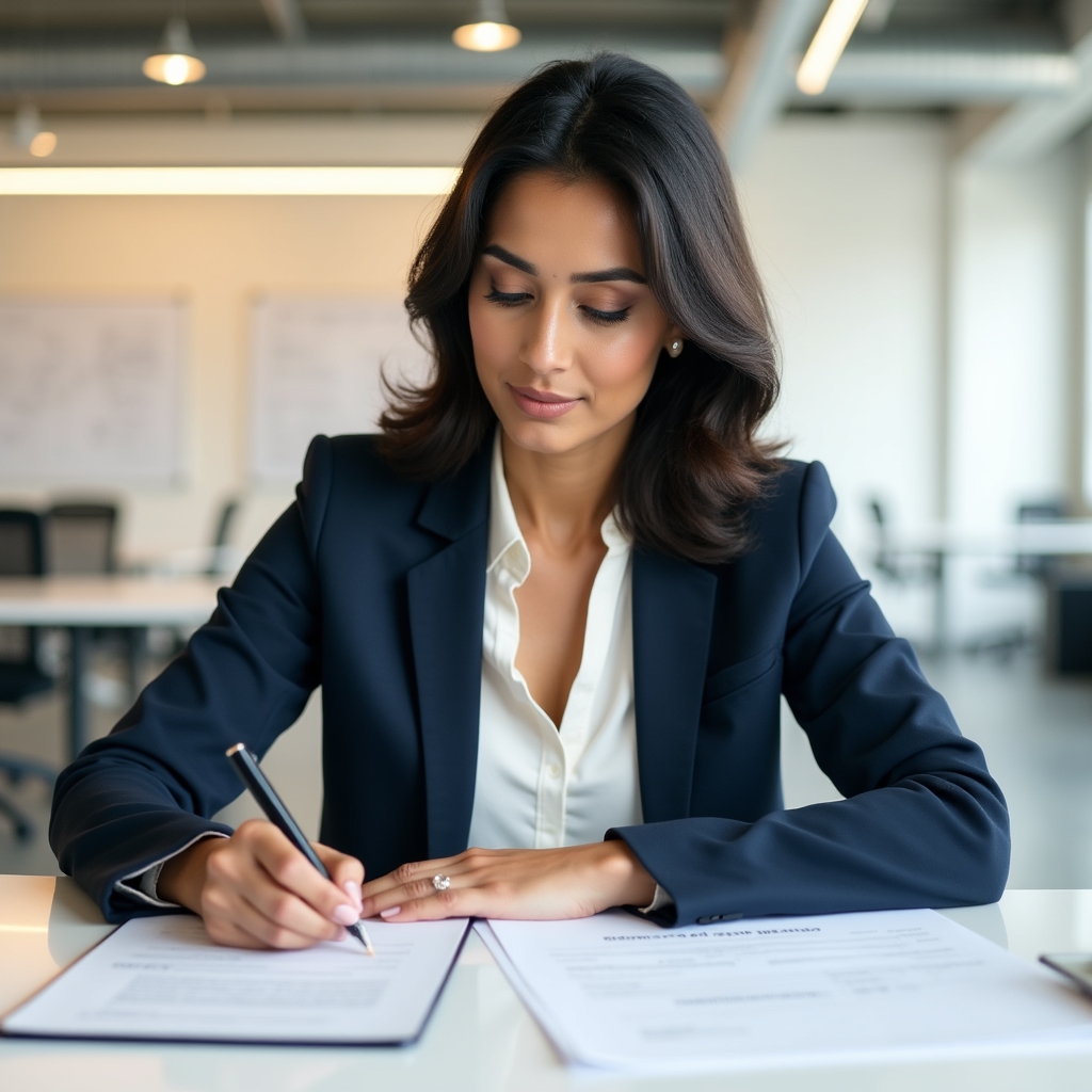 Small landlord reviewing rental documents at a modern workspace