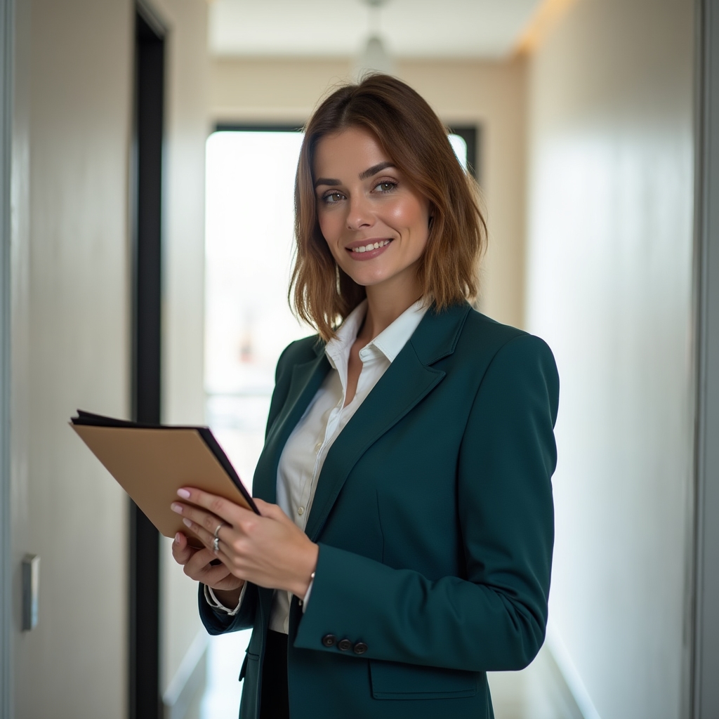 A confident property owner standing in a well-maintained apartment hallway, reviewing a document