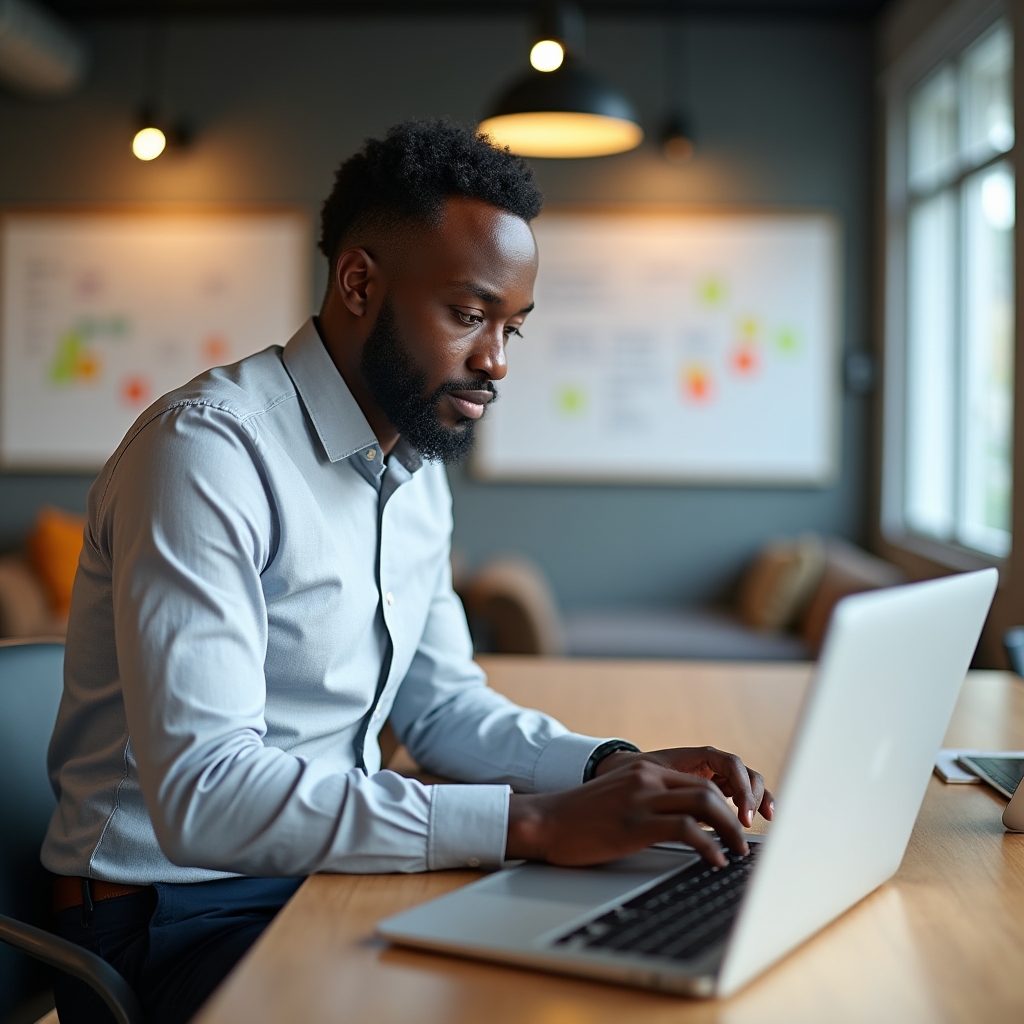 Landlord composing a professional message to a tenant on a laptop in a bright office